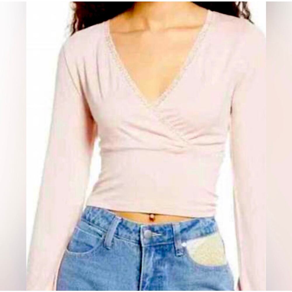 BP Nordstrom | NEW Women's Pink Crop Wrap Front Longsleeve Top Sz S Feminine